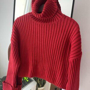 Zara Red Chunky Ribbed Cropped Turtleneck Sweater  S Size
